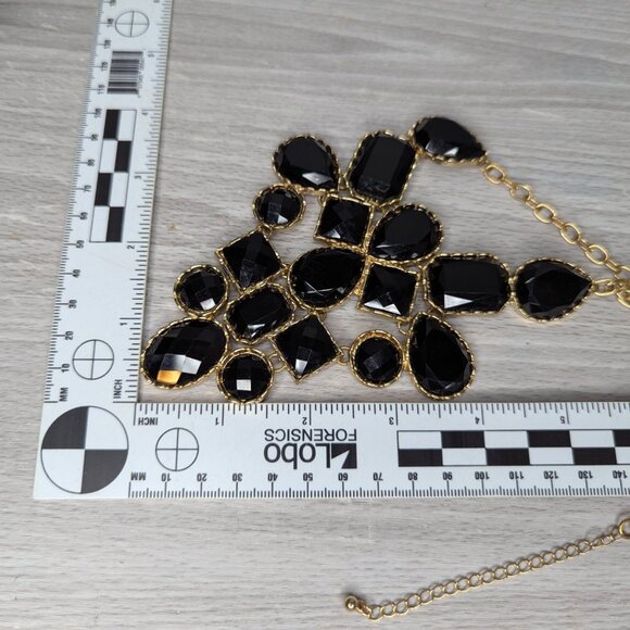 Gold Tone & Black Faceted Gems Statement Bib Necklace w/ Lobster Claw Clasp - Picture 11 of 11